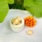 Castanhas de macadâmia em uma xícara de madeira branca. A toalha em que está apoiada, e na qual também se encontra uma flor laranja, está no jardim, como sugerem porções de grama e folhas de plantas.