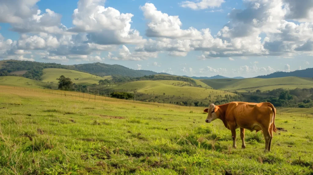 Uma vaca pastando pacificamente em um deslumbrante pasto de braquiária no interior do Brasil.