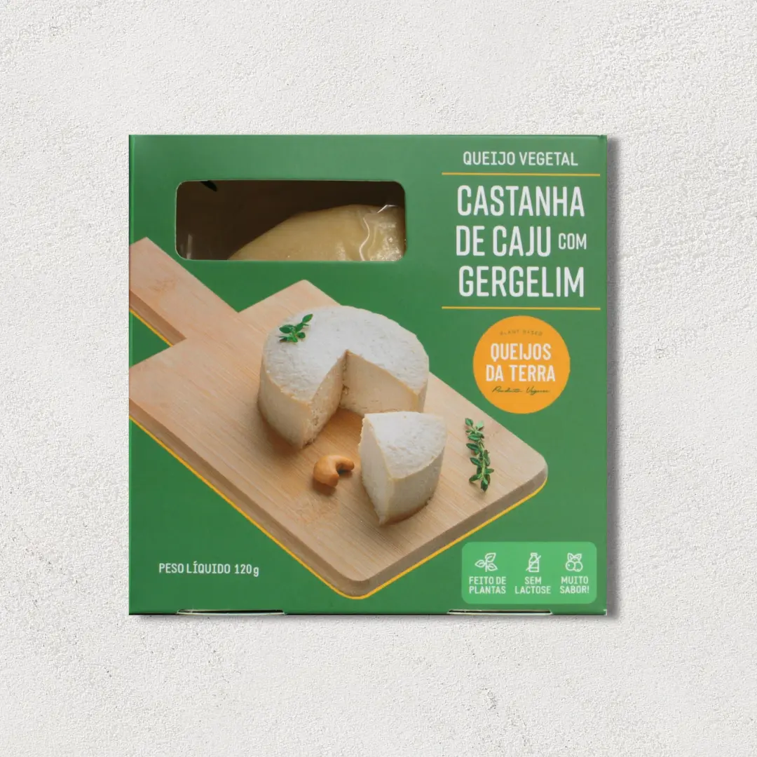 Embalagem verde do Queijo de Castanha de Caju com Gergelim.