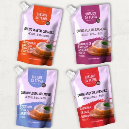 Kit Cremoso com 4 Queijos Vegetais Cremosos de Castanha de Caju em embalagens pouch: Tomate Seco e Orégano em laranja, Azeitona Preta em roxo, Culinário em azul e Defumado em vermelho.