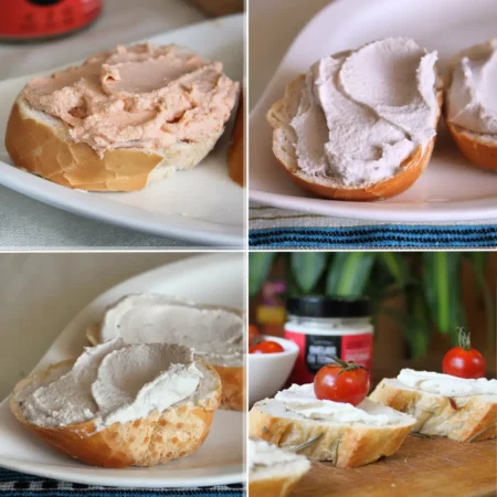 Os 4 Queijos Cremosos de Castanha de Caju, espalhados sobre o pão: Tomate Seco e Orégano, Azeitona Preta, Culinário e Defumado.