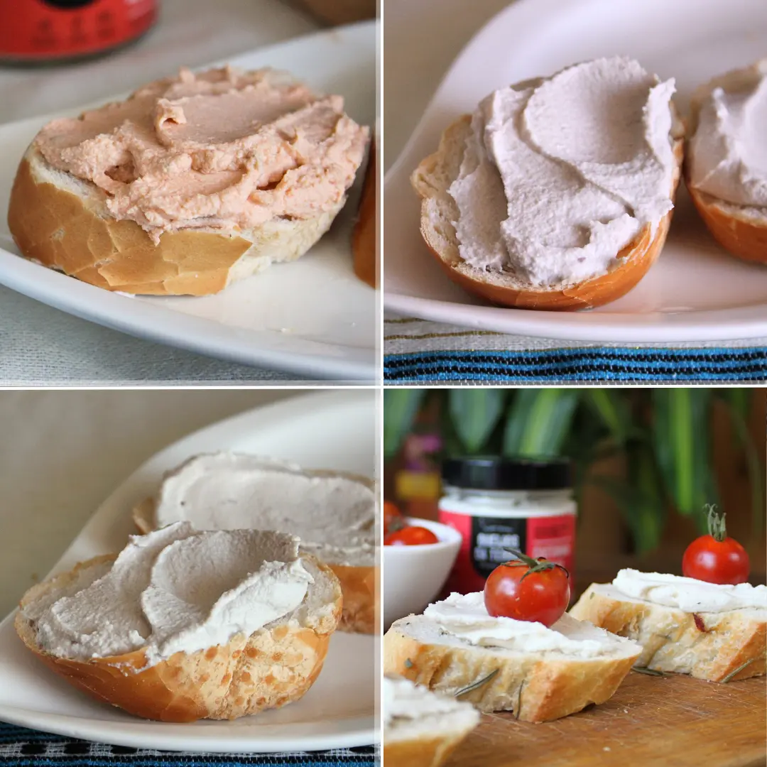 Os 4 Queijos Cremosos de Castanha de Caju, espalhados sobre o pão: Tomate Seco e Orégano, Azeitona Preta, Culinário e Defumado.