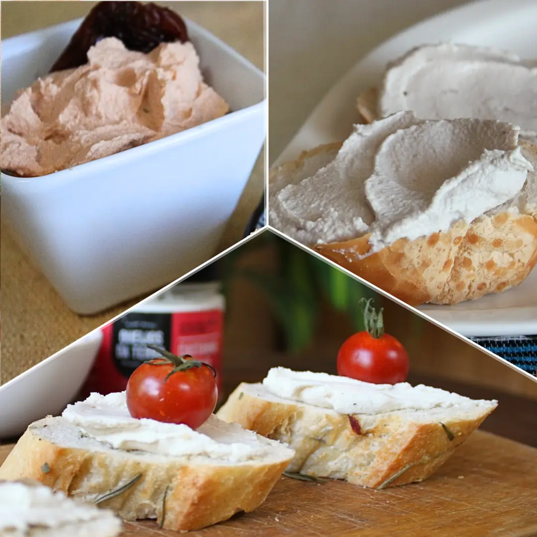 Os 3 Queijos Cremosos de Castanha de Caju do Kit Vale da Rainha, espalhados sobre o pão: Tomate Seco e Orégano, Culinário e Defumado.