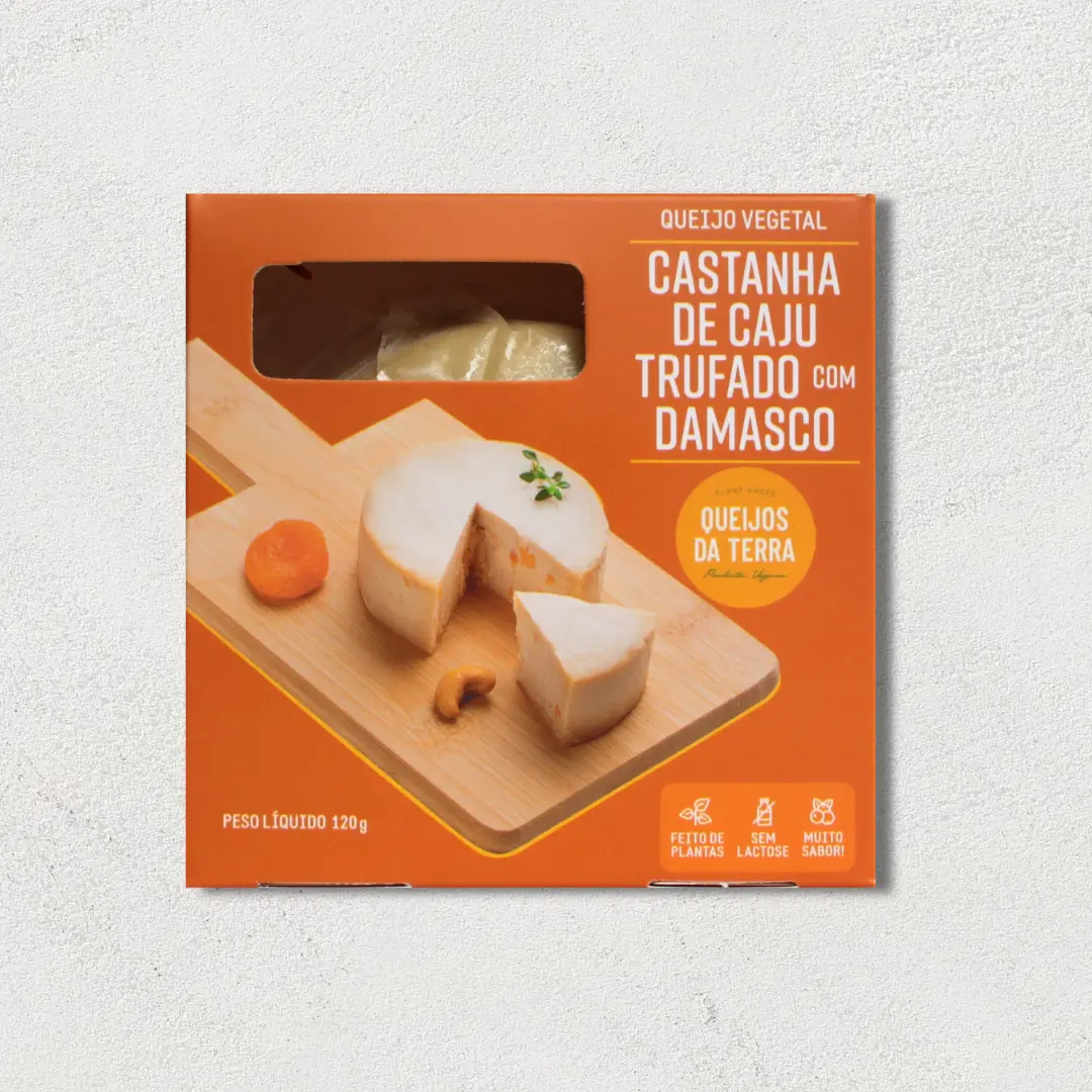 Embalagem laranja do Queijo de Castanha de Caju Trufado com Damasco.